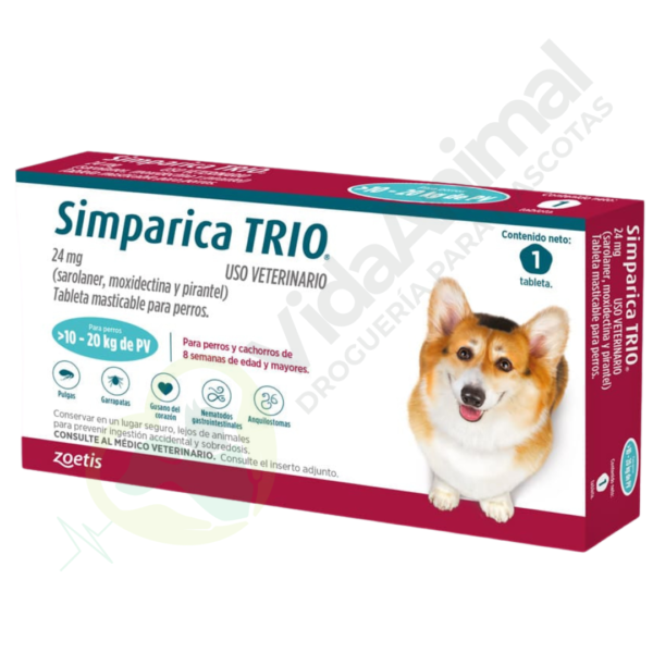 Simparica Trio de 10 Kg a 20 Kg - Antiparasitario interno y externo